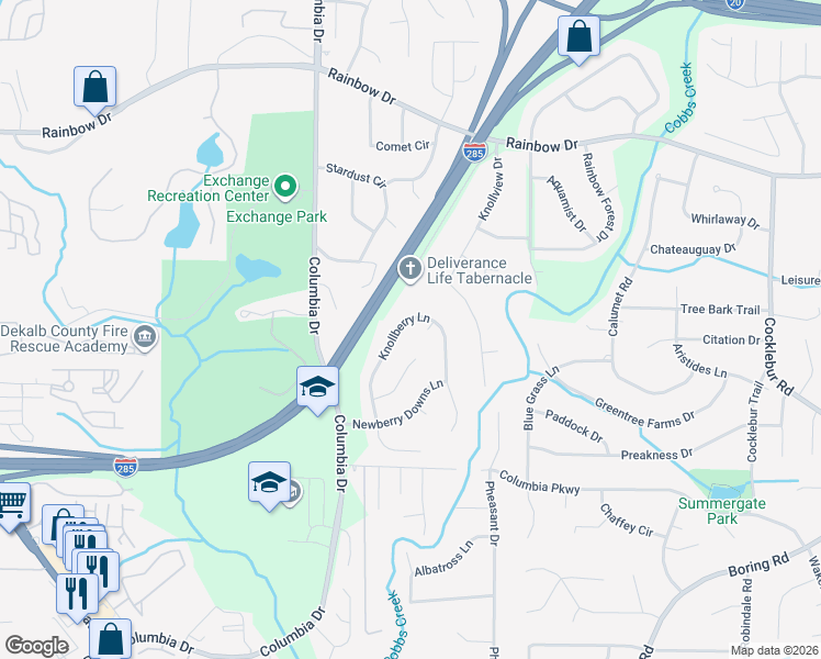 map of restaurants, bars, coffee shops, grocery stores, and more near 2822 Knollberry Lane in Decatur