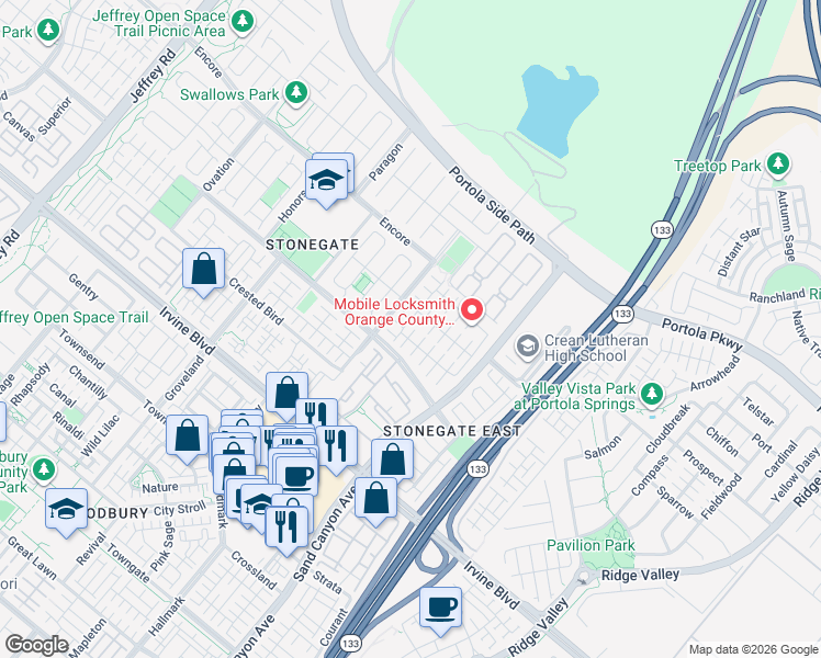 map of restaurants, bars, coffee shops, grocery stores, and more near 85 Sedgewick in Irvine