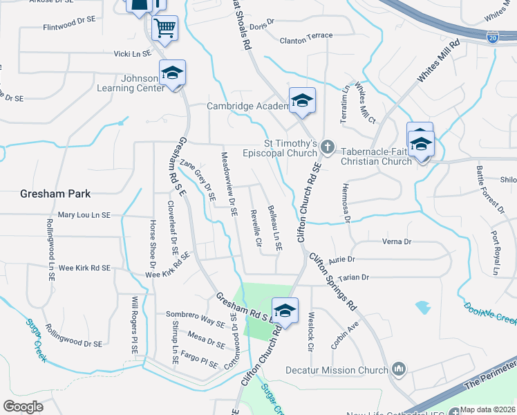 map of restaurants, bars, coffee shops, grocery stores, and more near 2849 Belleau Lane Southeast in Atlanta