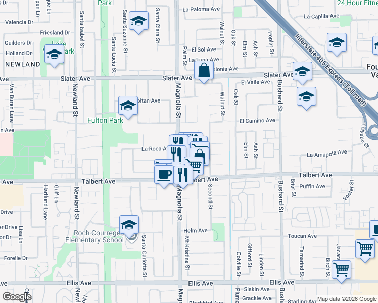 map of restaurants, bars, coffee shops, grocery stores, and more near 9074 La Crescenta Avenue in Fountain Valley