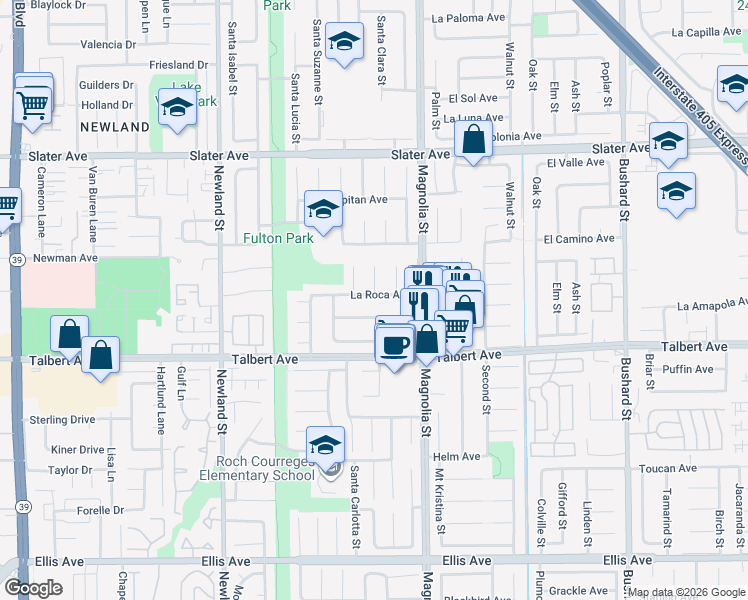 map of restaurants, bars, coffee shops, grocery stores, and more near 17836 Santa Anita Circle in Fountain Valley