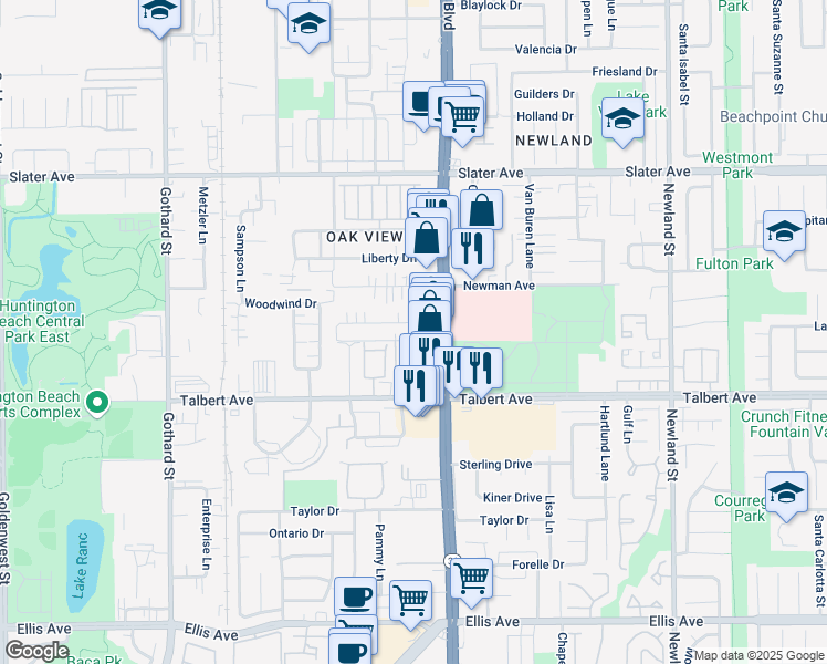 map of restaurants, bars, coffee shops, grocery stores, and more near 7902 Ronald Drive in Huntington Beach