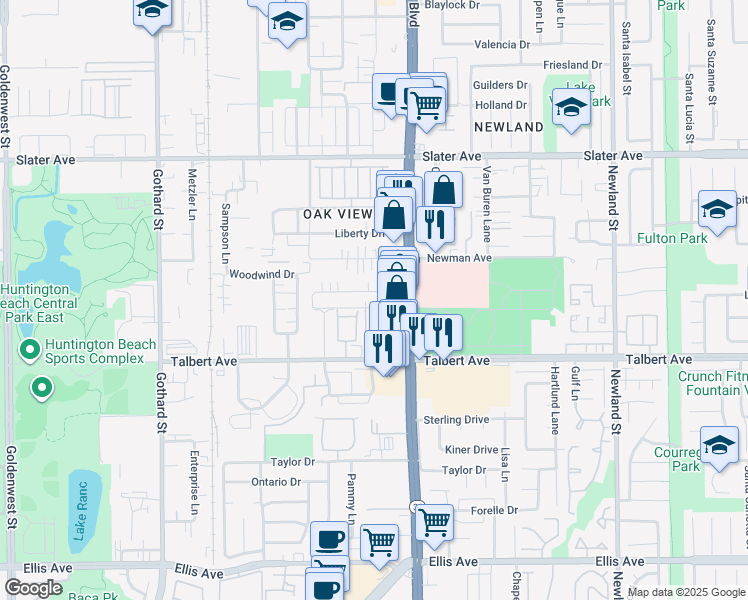 map of restaurants, bars, coffee shops, grocery stores, and more near 7912 Ronald Drive in Huntington Beach