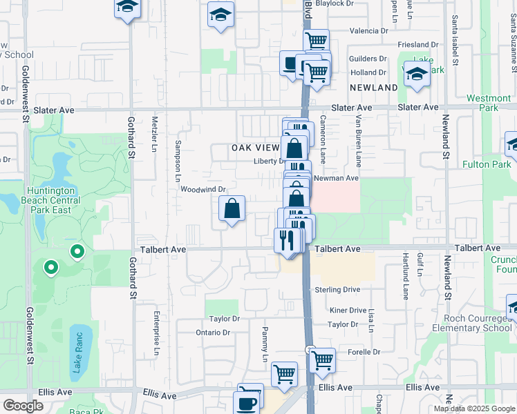 map of restaurants, bars, coffee shops, grocery stores, and more near 7842 Ronald Drive in Huntington Beach