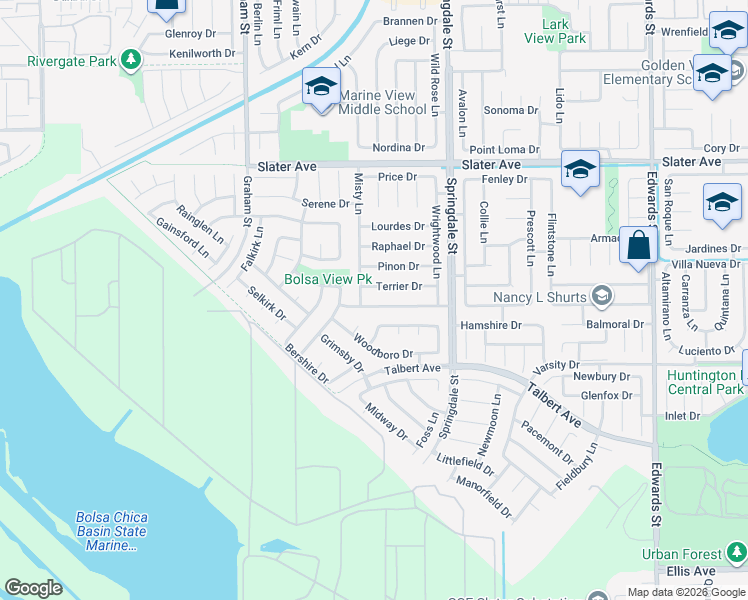 map of restaurants, bars, coffee shops, grocery stores, and more near 5772 Terrier Drive in Huntington Beach