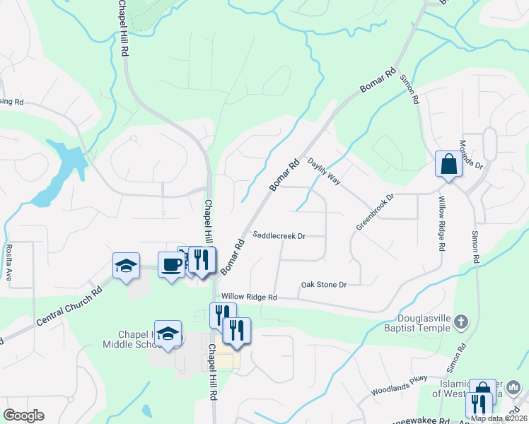 map of restaurants, bars, coffee shops, grocery stores, and more near 3636 Bomar Road in Douglasville