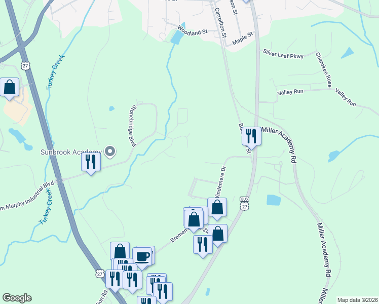 map of restaurants, bars, coffee shops, grocery stores, and more near 225 Creek View Road in Bremen