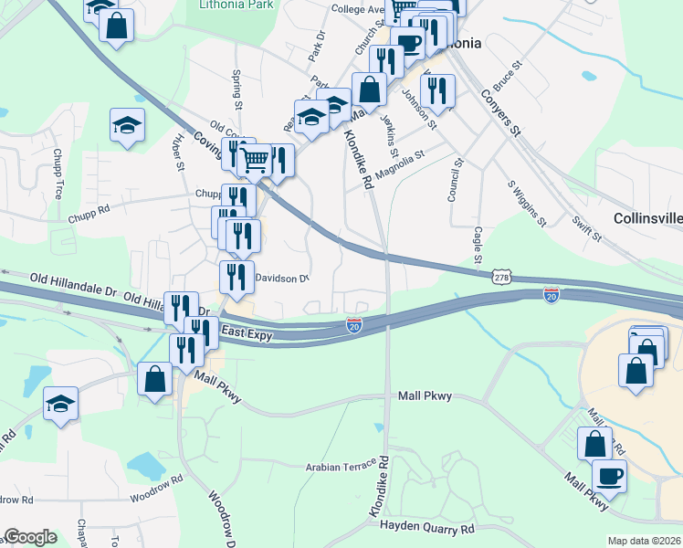 map of restaurants, bars, coffee shops, grocery stores, and more near 313 Amanda Drive in Lithonia