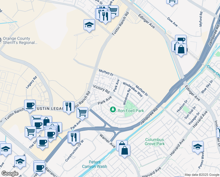 map of restaurants, bars, coffee shops, grocery stores, and more near 22 Transport in Tustin