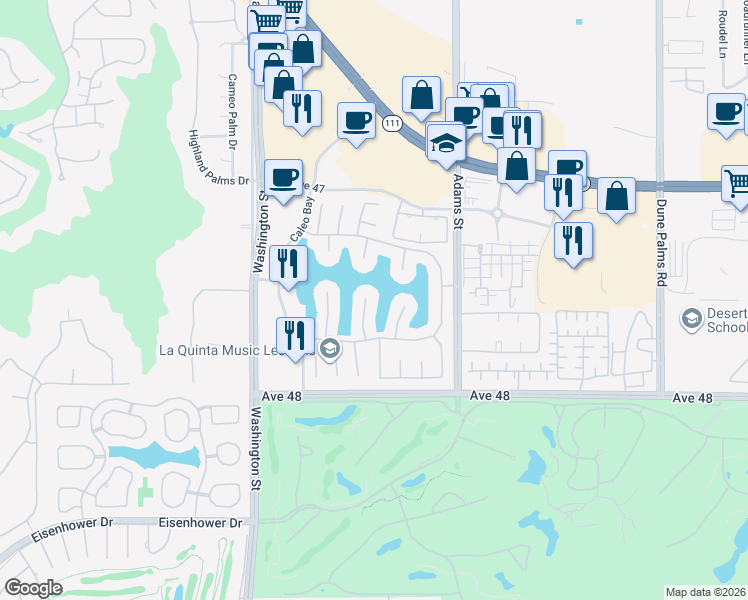 map of restaurants, bars, coffee shops, grocery stores, and more near 47560 Vía Montigo in La Quinta