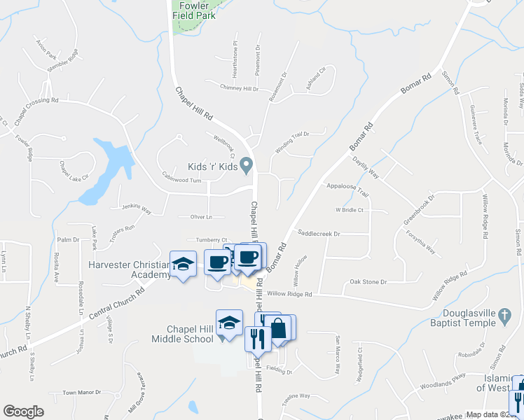 map of restaurants, bars, coffee shops, grocery stores, and more near 3746 Chapel Hill Road in Douglasville
