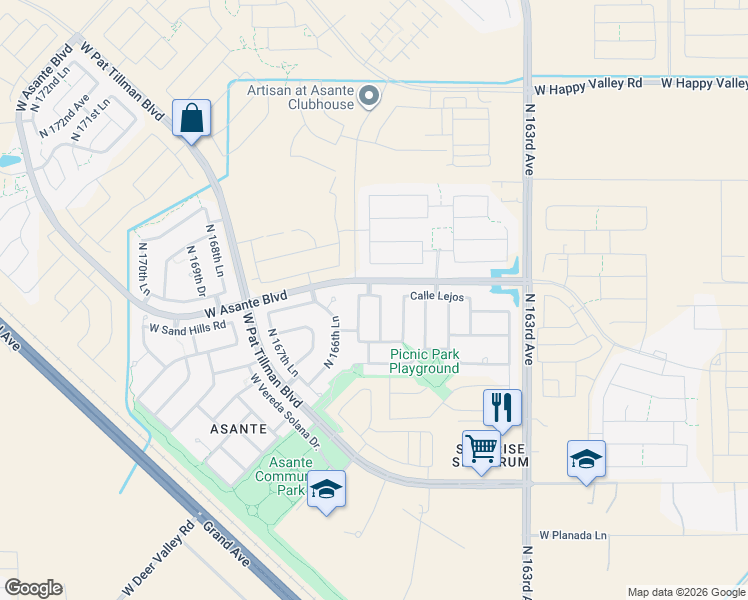 map of restaurants, bars, coffee shops, grocery stores, and more near 24128 North 165th Lane in Surprise