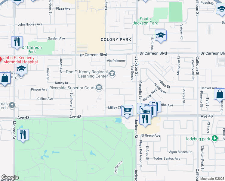map of restaurants, bars, coffee shops, grocery stores, and more near 82813 Longfellow Court in Indio