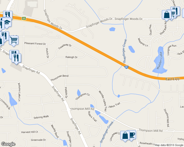 map of restaurants, bars, coffee shops, grocery stores, and more near 4566 Huntsman Bend in Decatur