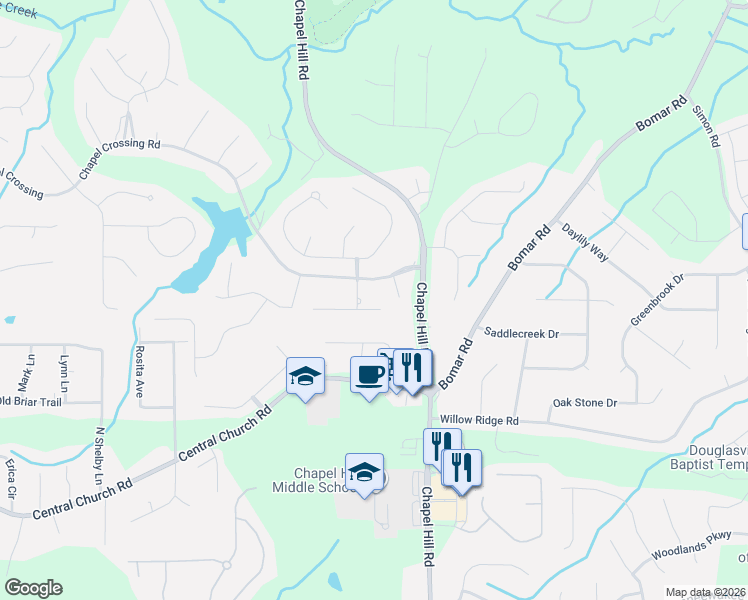 map of restaurants, bars, coffee shops, grocery stores, and more near 4400 Oliver Lane in Douglasville