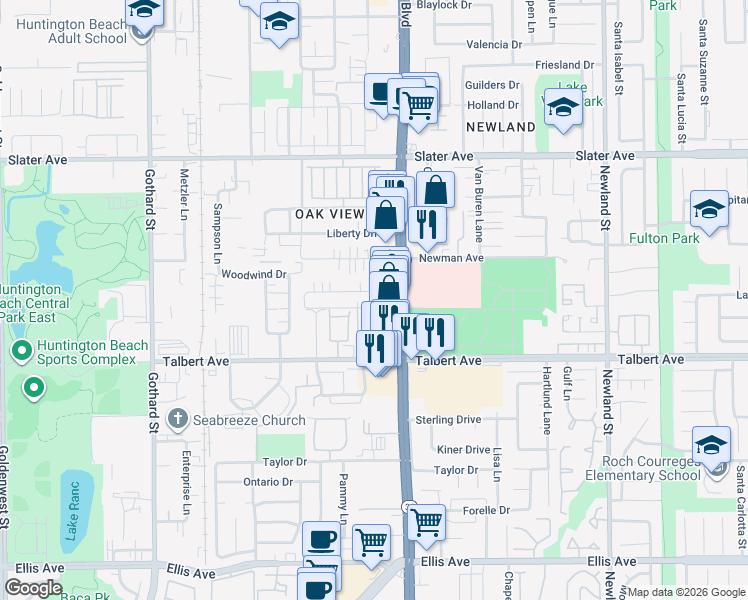 map of restaurants, bars, coffee shops, grocery stores, and more near 7902 Ronald Drive in Huntington Beach