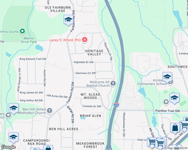 map of restaurants, bars, coffee shops, grocery stores, and more near 3494 Glenview Circle Southwest in Atlanta