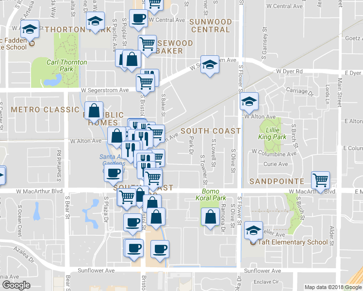 map of restaurants, bars, coffee shops, grocery stores, and more near 1110 West Sierra Drive in Santa Ana