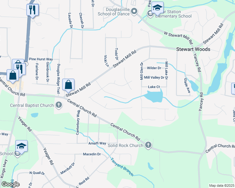 map of restaurants, bars, coffee shops, grocery stores, and more near 3830 Sugar Creek Drive in Douglasville