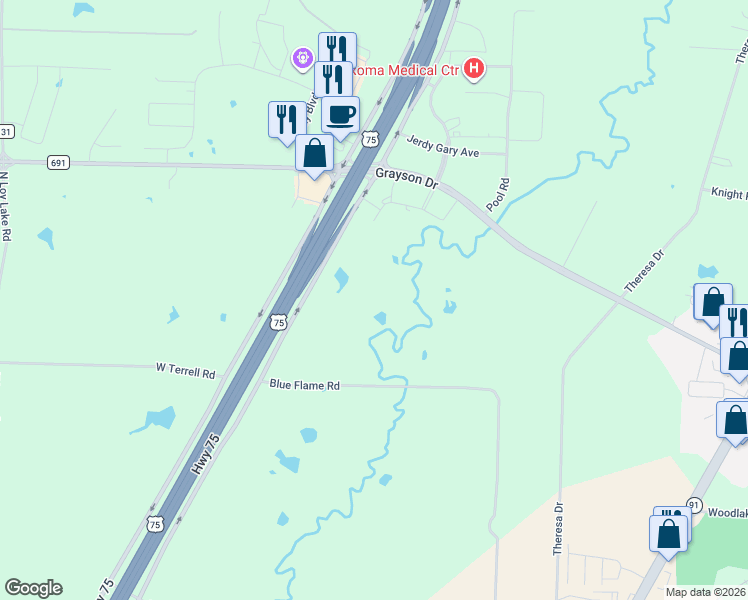 map of restaurants, bars, coffee shops, grocery stores, and more near 2935 Blue Flame Road in Denison
