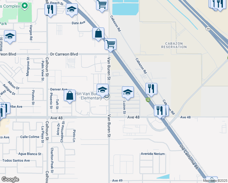 map of restaurants, bars, coffee shops, grocery stores, and more near 84038 Leyte Avenue in Indio