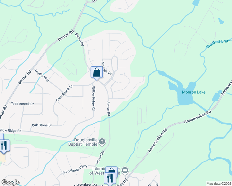 map of restaurants, bars, coffee shops, grocery stores, and more near 3871 Monticello Street in Douglasville
