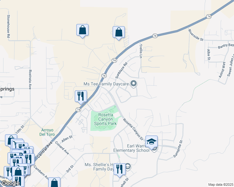 map of restaurants, bars, coffee shops, grocery stores, and more near 45013 Bronze Star Road in Lake Elsinore