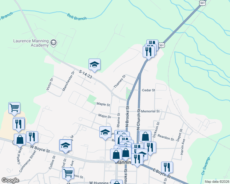 map of restaurants, bars, coffee shops, grocery stores, and more near 15 Old Georgetown Road in Manning