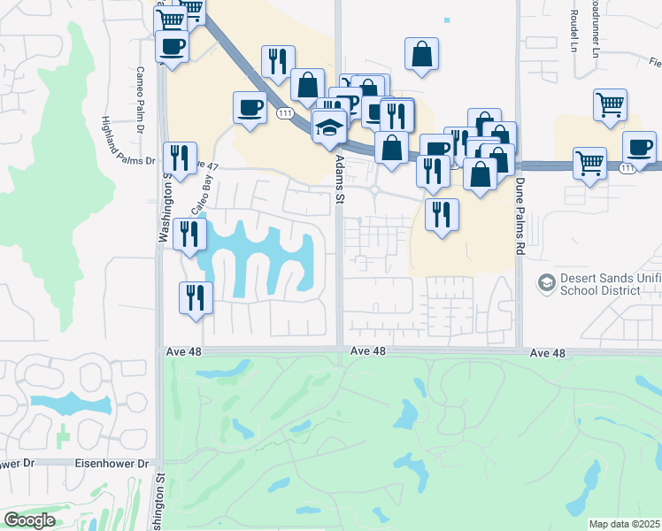map of restaurants, bars, coffee shops, grocery stores, and more near 47540 Vía Florence in La Quinta