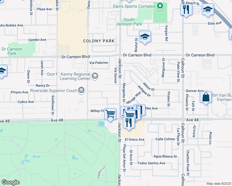 map of restaurants, bars, coffee shops, grocery stores, and more near 82975 Longfellow Court in Indio