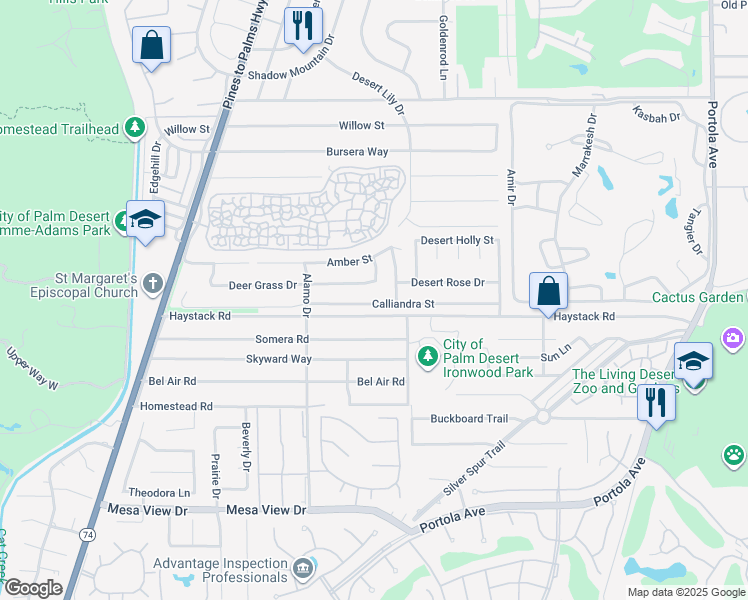 map of restaurants, bars, coffee shops, grocery stores, and more near 73170 Calliandra Street in Palm Desert