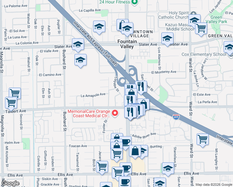 map of restaurants, bars, coffee shops, grocery stores, and more near 9889 Hamilton Avenue in Fountain Valley