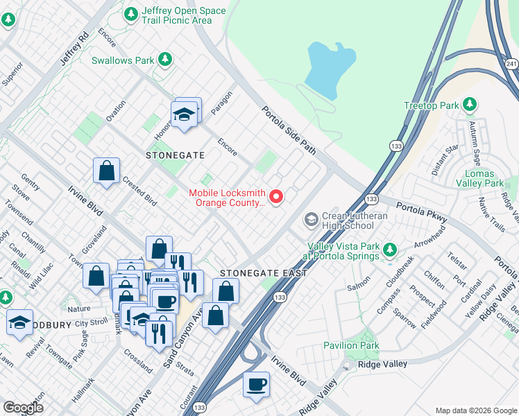 map of restaurants, bars, coffee shops, grocery stores, and more near 45 Diamond in Irvine