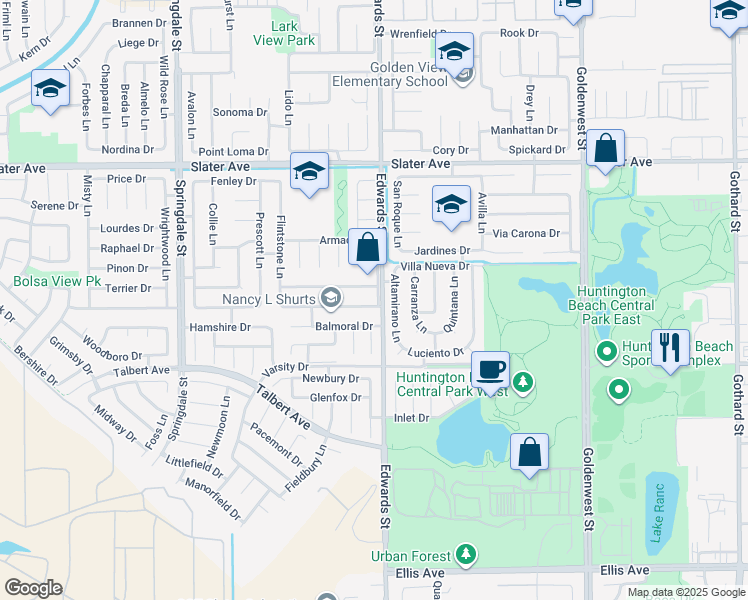 map of restaurants, bars, coffee shops, grocery stores, and more near 6451 Vatcher Drive in Huntington Beach