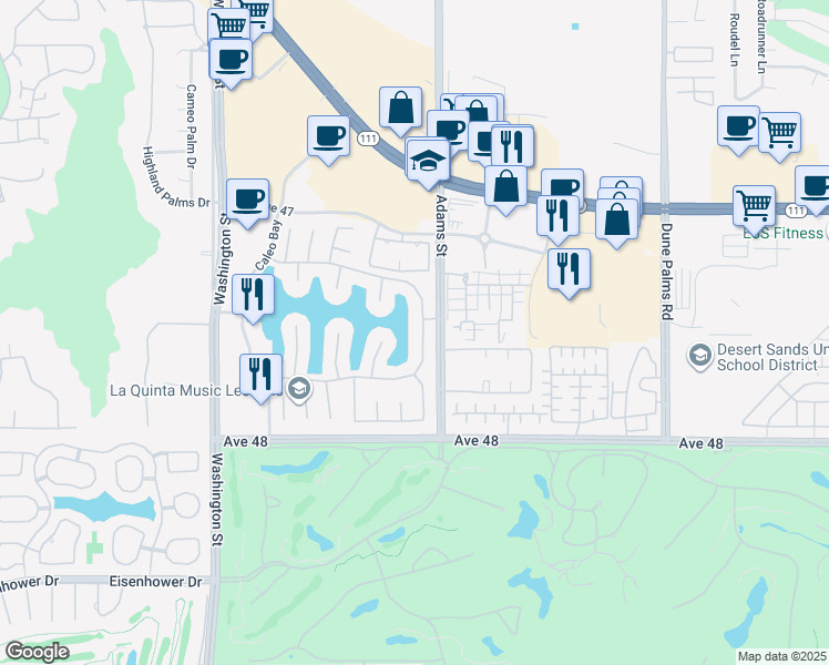 map of restaurants, bars, coffee shops, grocery stores, and more near 47545 Vía Florence in La Quinta