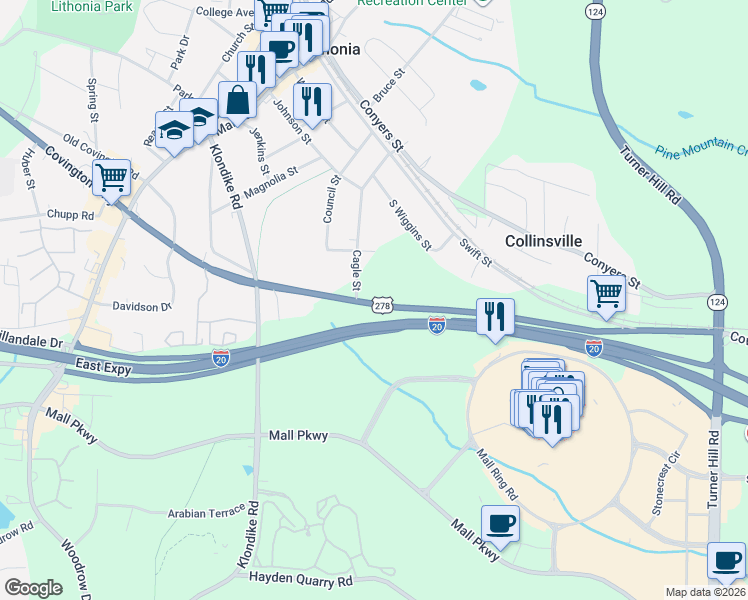map of restaurants, bars, coffee shops, grocery stores, and more near 7853 Covington Highway in Lithonia