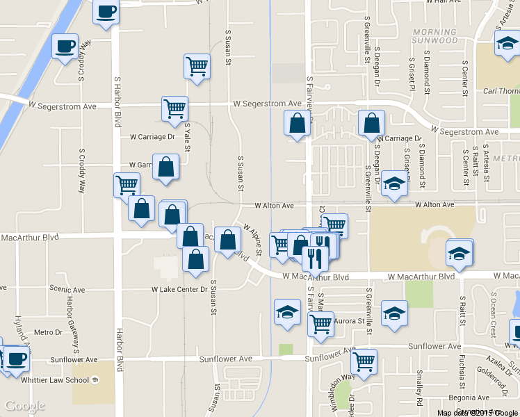 map of restaurants, bars, coffee shops, grocery stores, and more near 3102 W Alton Ave in Santa Ana