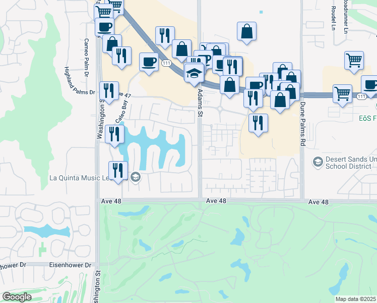 map of restaurants, bars, coffee shops, grocery stores, and more near 47545 Vía Florence in La Quinta