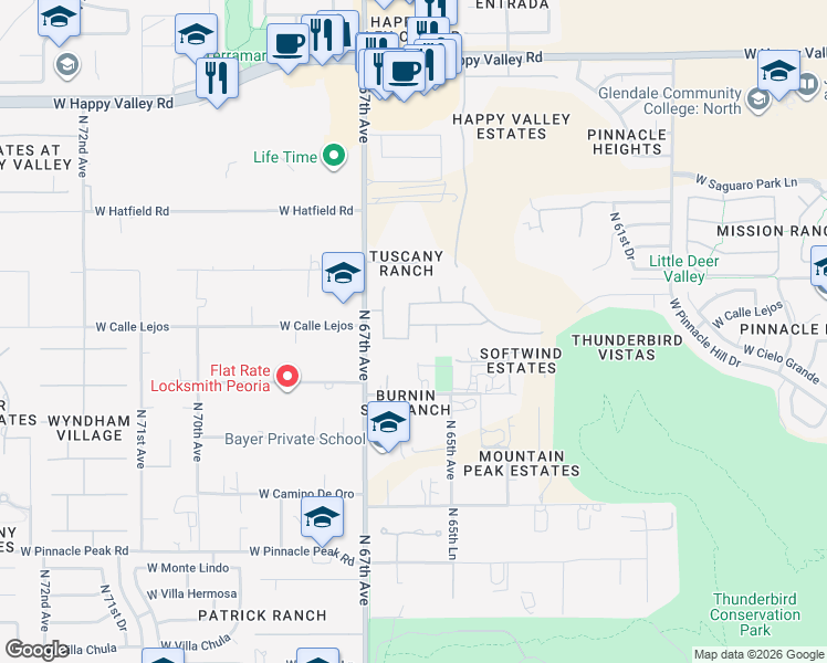 map of restaurants, bars, coffee shops, grocery stores, and more near 23838 North 66th Avenue in Glendale