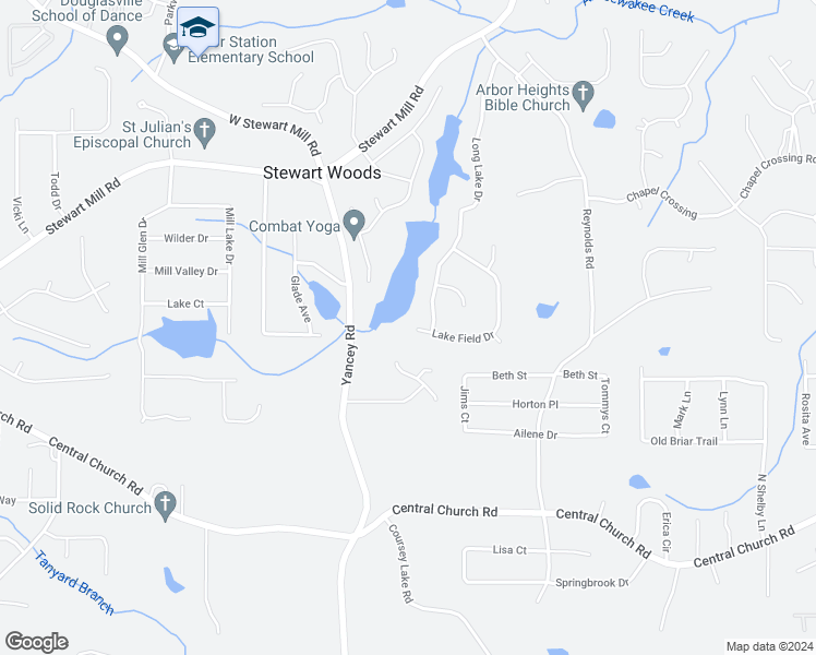 map of restaurants, bars, coffee shops, grocery stores, and more near 5211 Lake Field Drive in Douglasville