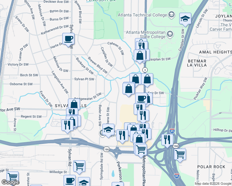 map of restaurants, bars, coffee shops, grocery stores, and more near 1875 Brewer Boulevard Southwest in Atlanta