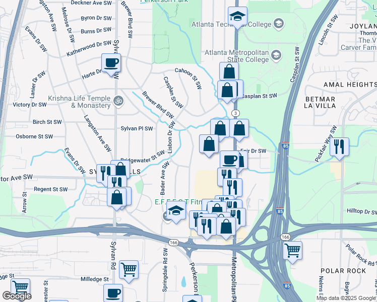 map of restaurants, bars, coffee shops, grocery stores, and more near 1875 Brewer Boulevard Southwest in Atlanta