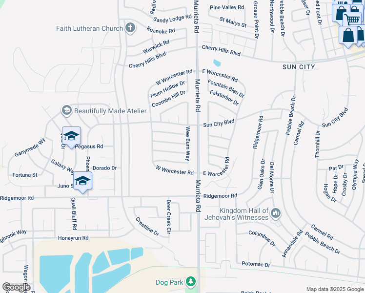 map of restaurants, bars, coffee shops, grocery stores, and more near 25881 Interlechen Drive in Menifee