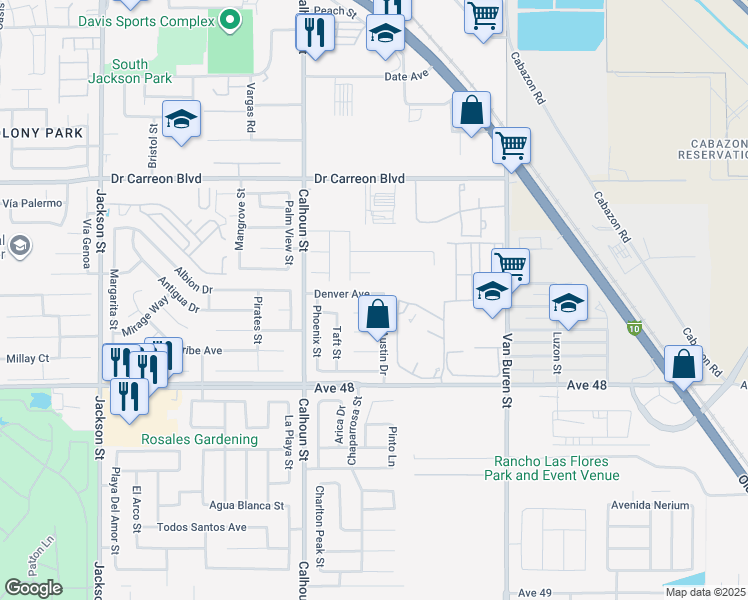 map of restaurants, bars, coffee shops, grocery stores, and more near 83685 Denver Avenue in Indio