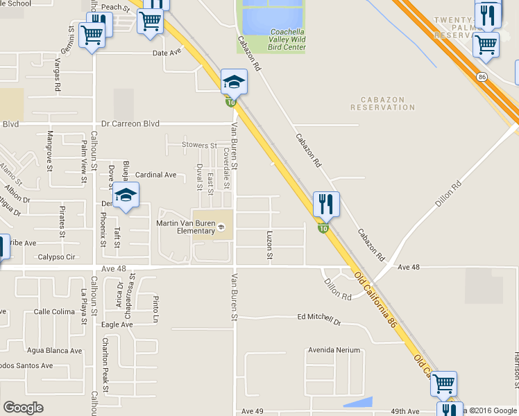 map of restaurants, bars, coffee shops, grocery stores, and more near 84092 Leyte Avenue in Indio