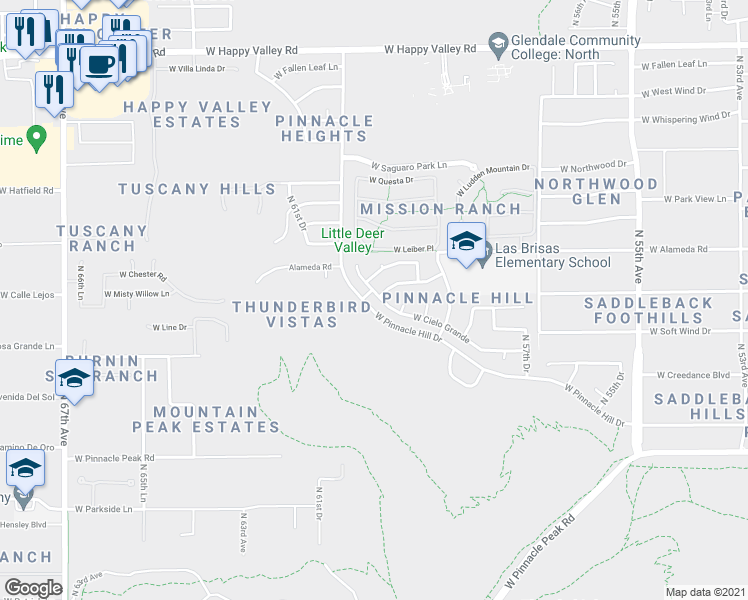 map of restaurants, bars, coffee shops, grocery stores, and more near 5987 West Calle Lejos in Glendale