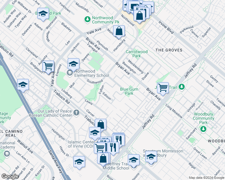 map of restaurants, bars, coffee shops, grocery stores, and more near 58 Fulton in Irvine