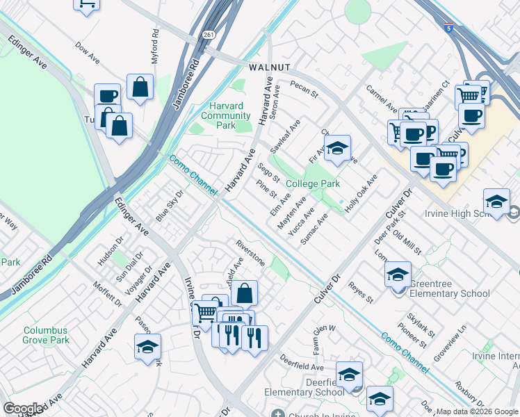 map of restaurants, bars, coffee shops, grocery stores, and more near 3661 Myrtle Street in Irvine