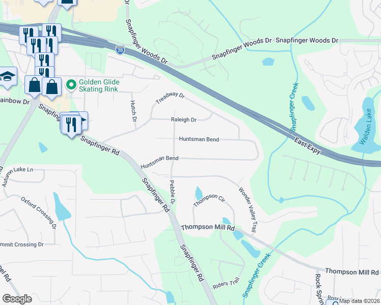 map of restaurants, bars, coffee shops, grocery stores, and more near 4494 Huntsman Bend in Decatur