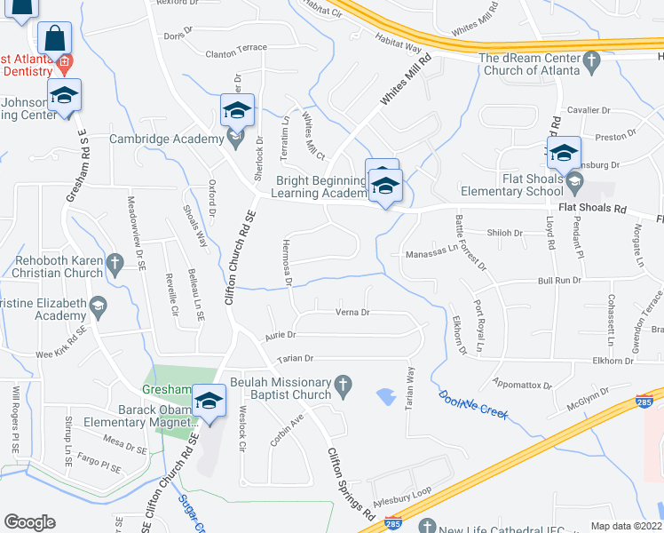 map of restaurants, bars, coffee shops, grocery stores, and more near 2876 Alameda Trail in Decatur